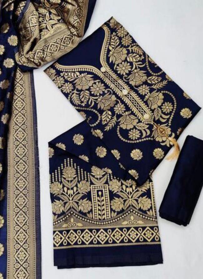 Navy Blue Banarasi Silk Traditional Wear Jacquard Dress Material