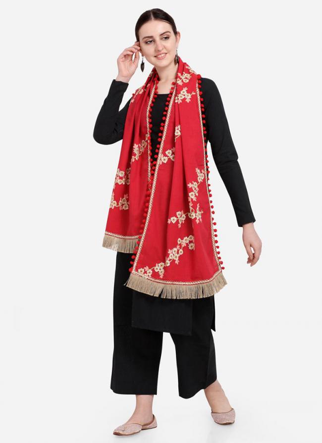 Red Khadi Casual Wear Embroidery Work Dupatta