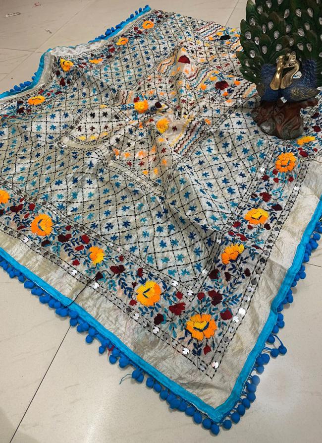 Blue Raw Silk Festival Wear Resham Work Dupatta