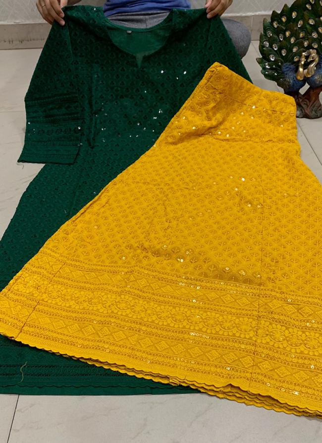 Bottle Green Pure Cambric Cotton Festival Wear Sequins Work Kurti With Sharara