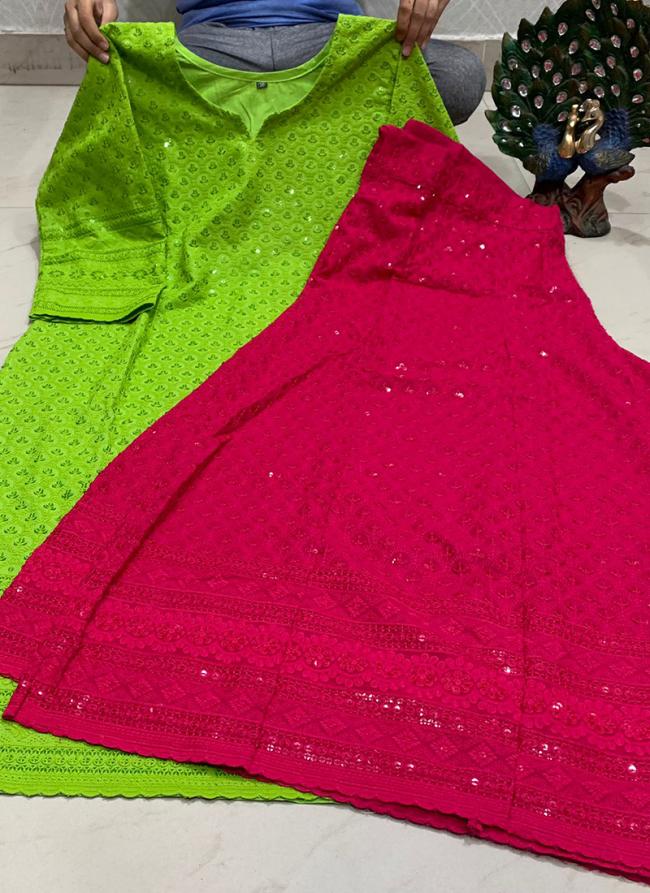 Light Green Pure Cambric Cotton Festival Wear Sequins Work Kurti With Sharara