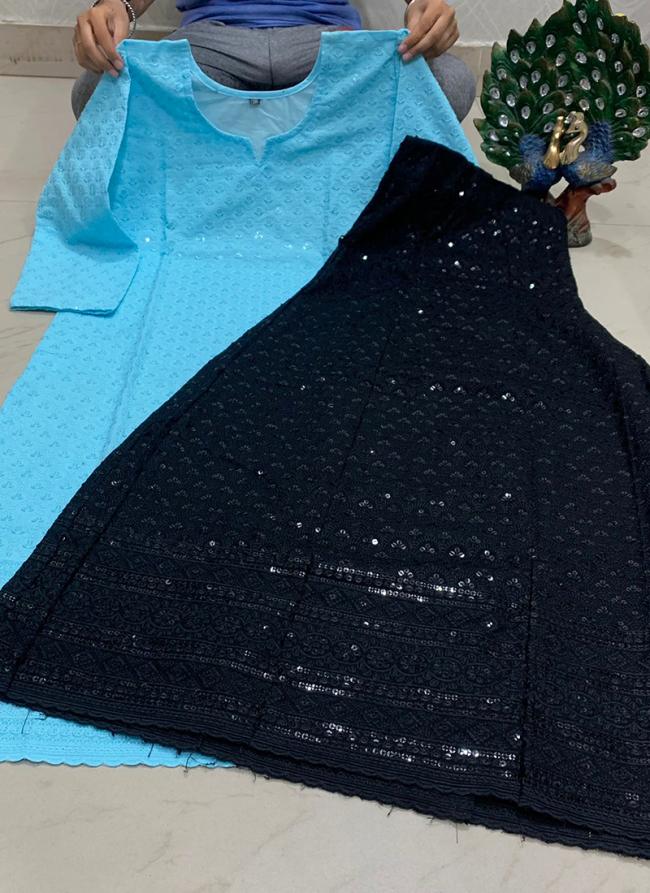 Sky Blue Pure Cambric Cotton Festival Wear Sequins Work Kurti With Sharara