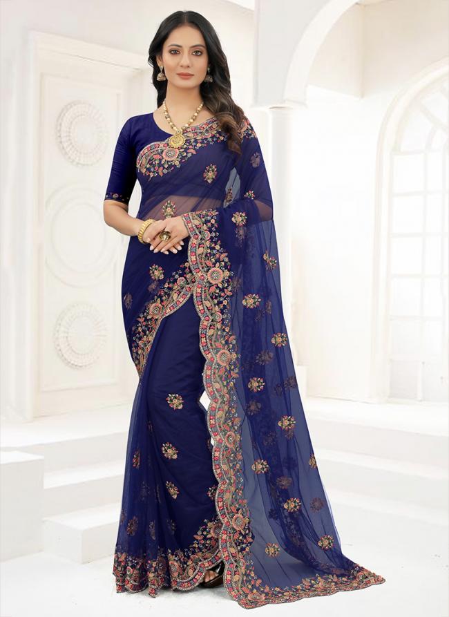 Navy Blue Net Wedding Wear Resham Work Saree