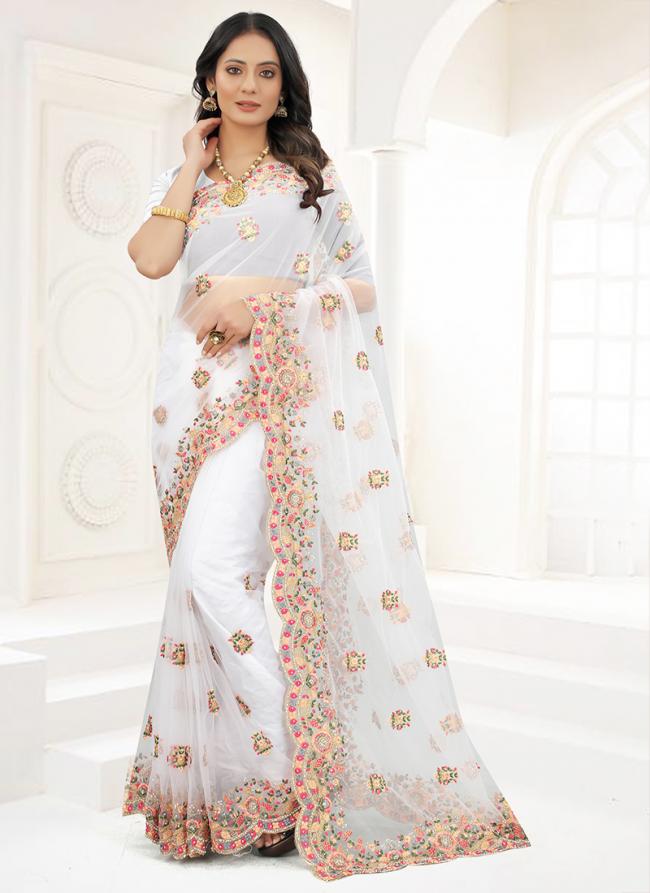 White Net Wedding Wear Resham Work Saree