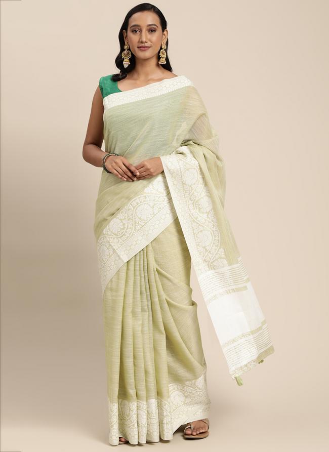 Cream Linen Casual Wear Embroidery Work Saree