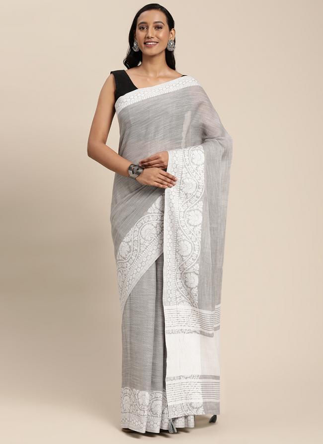 Grey Linen Casual Wear Embroidery Work Saree