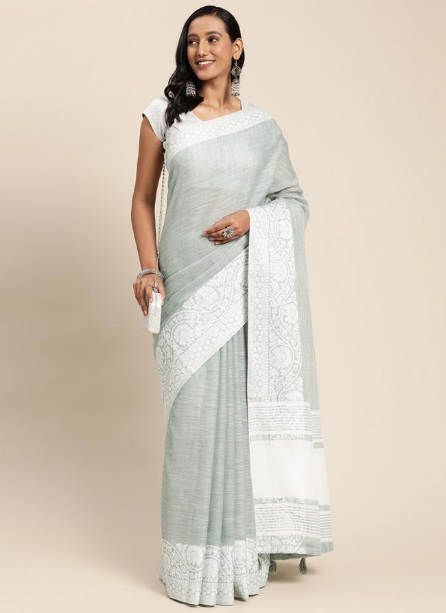 Sky Blue Linen Casual Wear Embroidery Work Saree