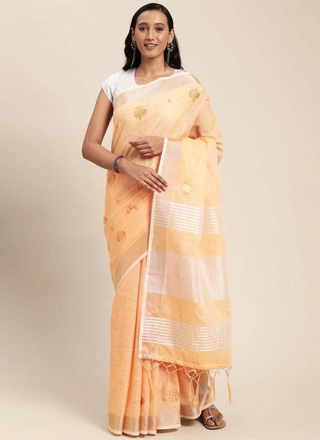 Peach Linen Traditional Wear Weaving Saree