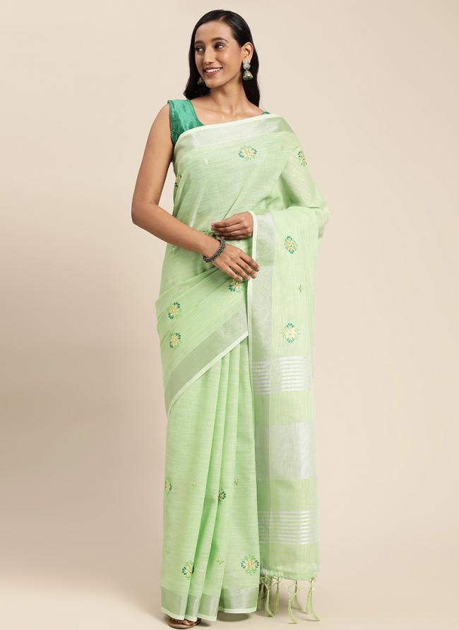 Pista Green Linen Traditional Wear Weaving Saree