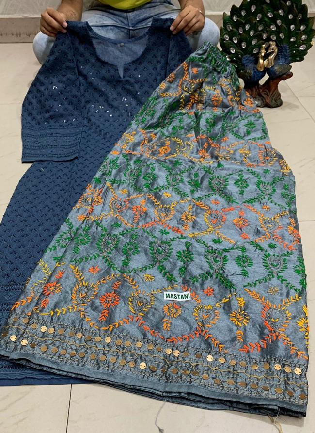 Blue Pure Cotton Festival Wear Sequins Work Kurti With Sharara