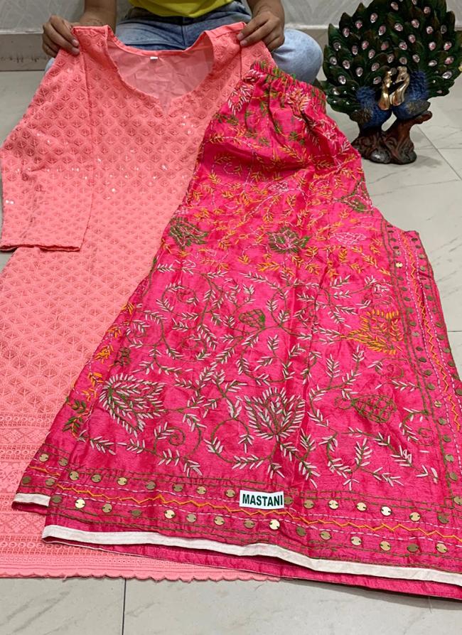 Pink Pure Cotton Festival Wear Sequins Work Kurti With Sharara