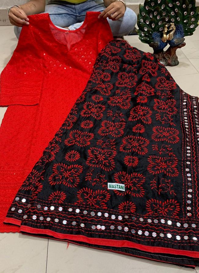 Red Pure Cotton Festival Wear Sequins Work Kurti With Sharara