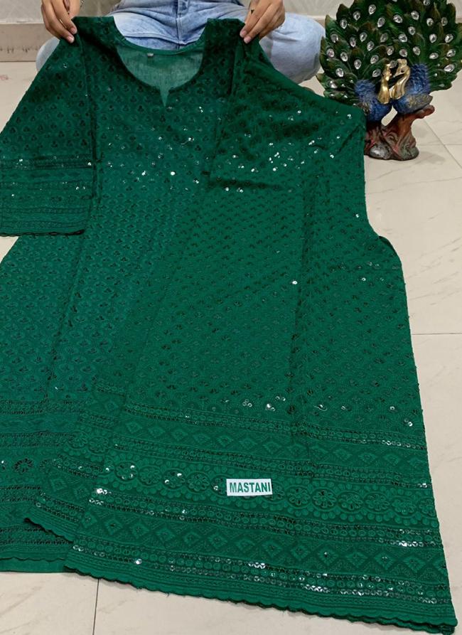 Bottle Green Cambric Cotton Party Wear Sequins Work Kurti With Sharara