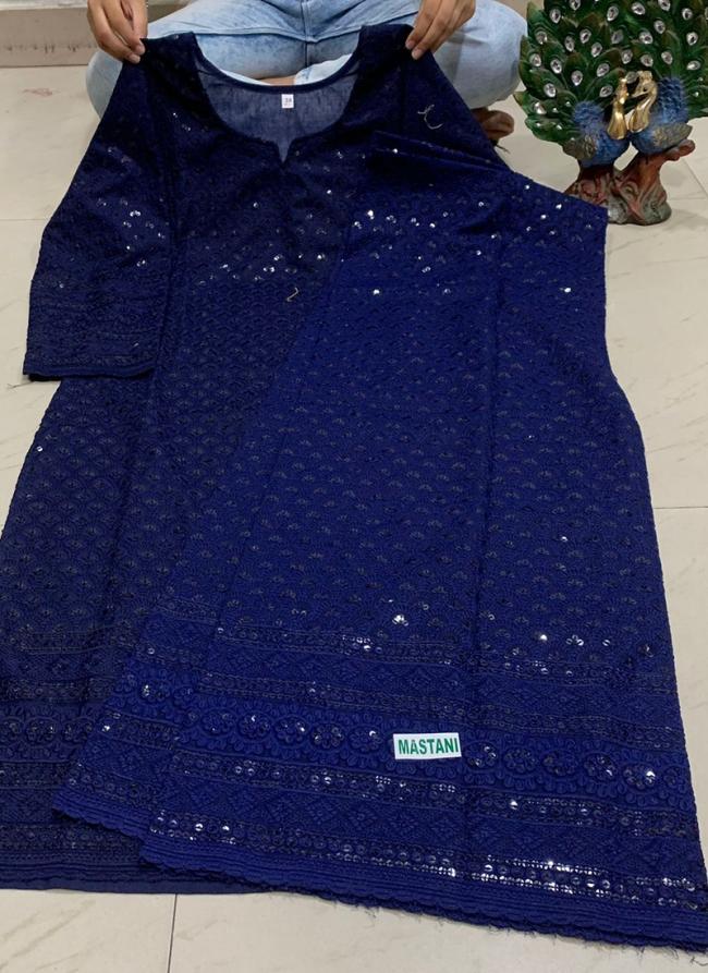 Navy Blue Cambric Cotton Party Wear Sequins Work Kurti With Sharara