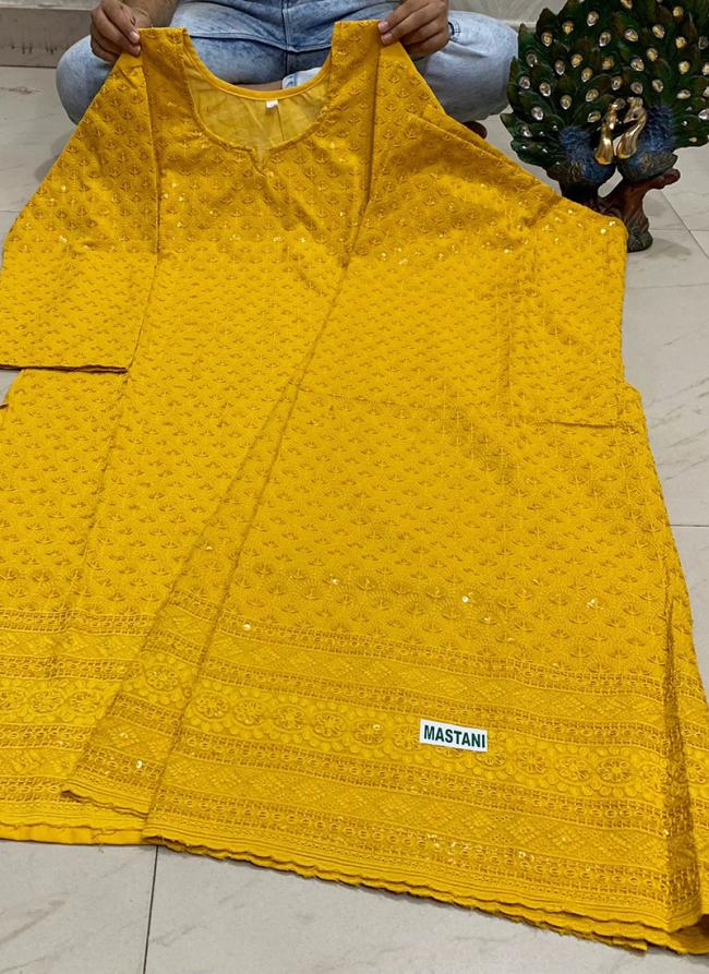 Yellow Cambric Cotton Party Wear Sequins Work Kurti With Sharara