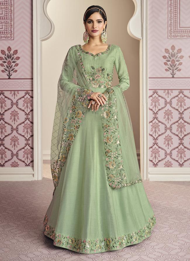 Pista Green Russian Silk Wedding Wear Embroidery Work Anarkali Suit