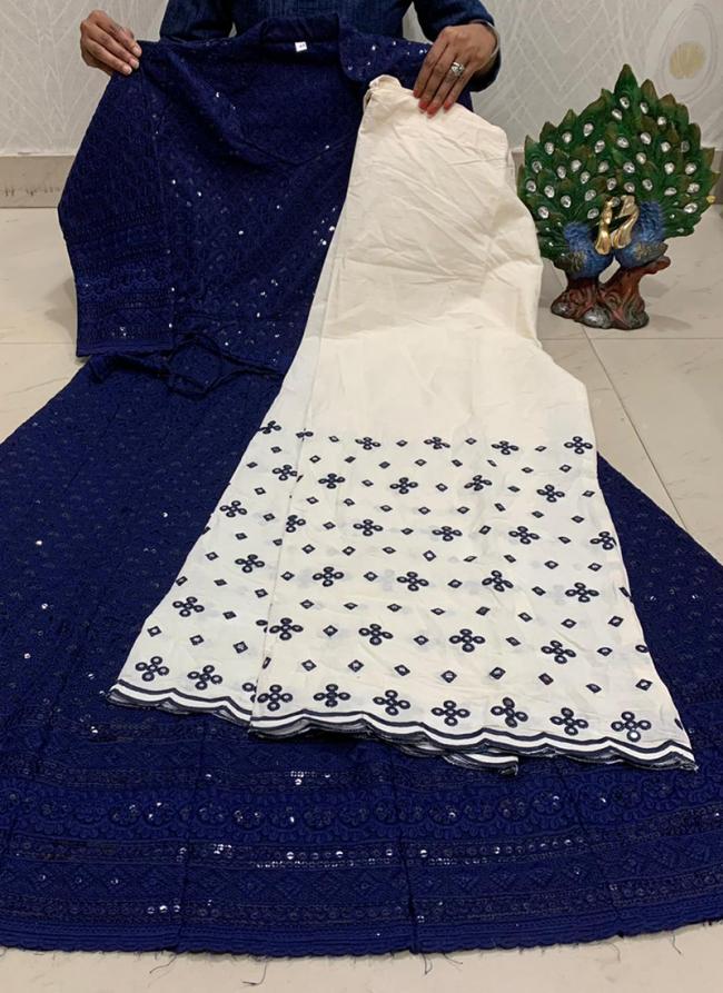 Navy Blue Cambric Cotton Festival Wear Sequins Work Kurti With Sharara