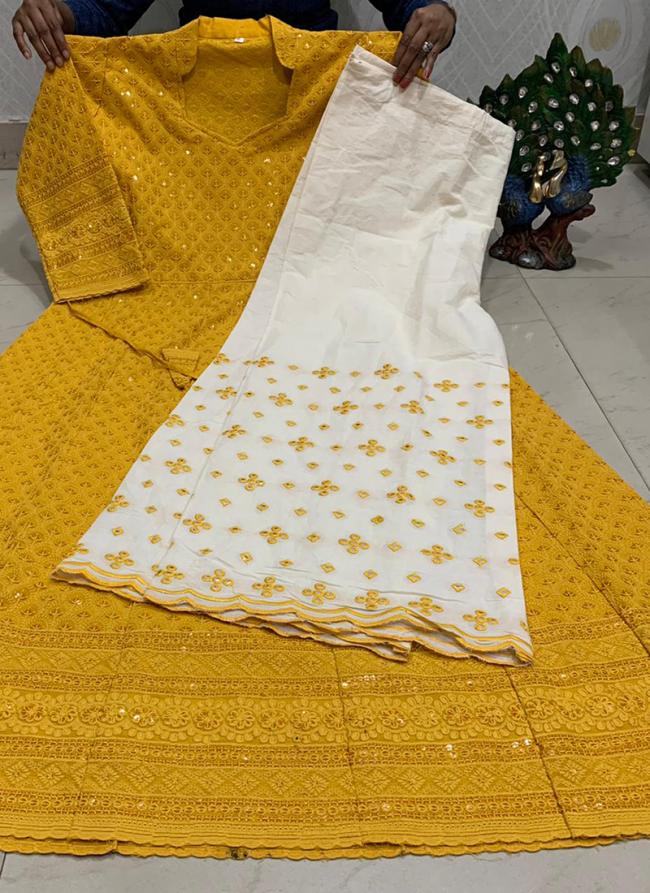 Yellow Cambric Cotton Festival Wear Sequins Work Kurti With Sharara