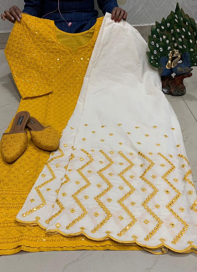 Yellow Cambric Cotton Traditional Wear Sequins Work Kurti With Sharara