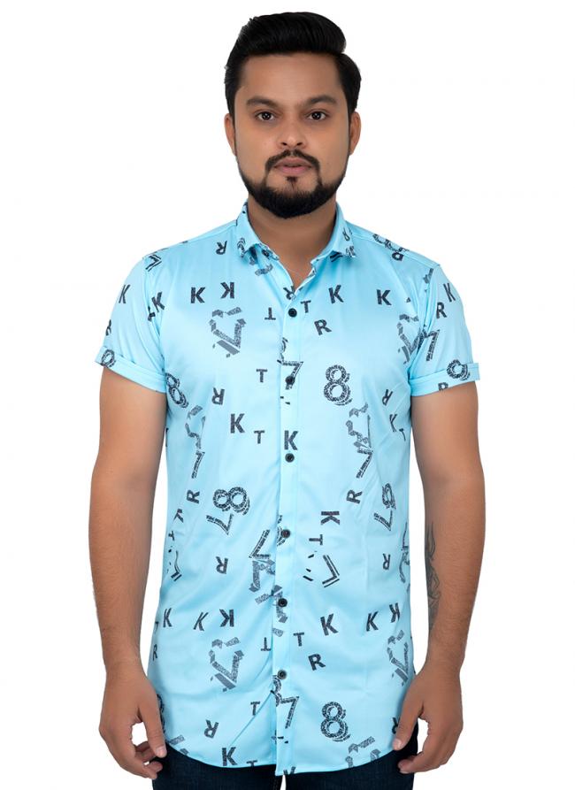 Sky Blue Cotton Casual Wear Printed Work Shirt