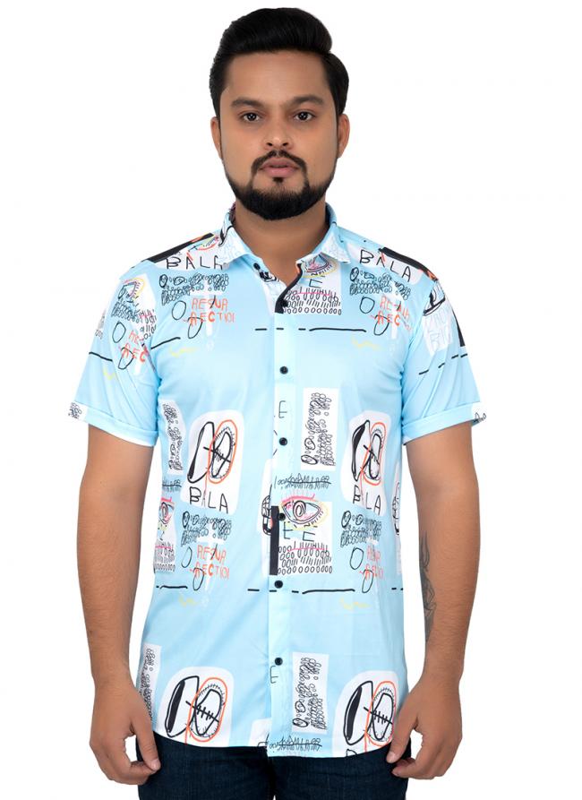 Sky Blue Cotton Casual Wear Printed Work Shirt