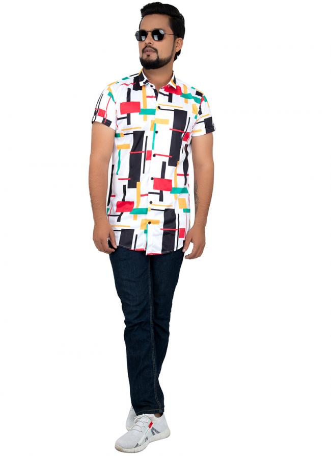 Off White Cotton Casual Wear Printed Work Shirt