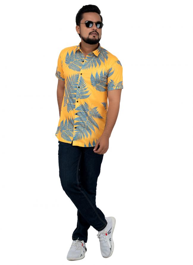 Yellow Cotton Casual Wear Printed Work Shirt