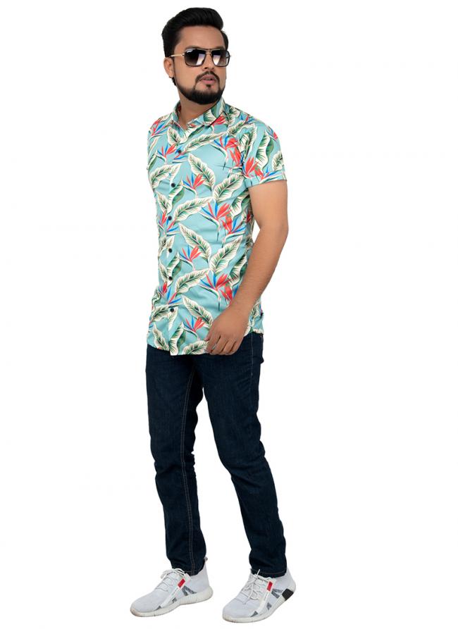 Teal Blue Cotton Casual Wear Printed Work Shirt