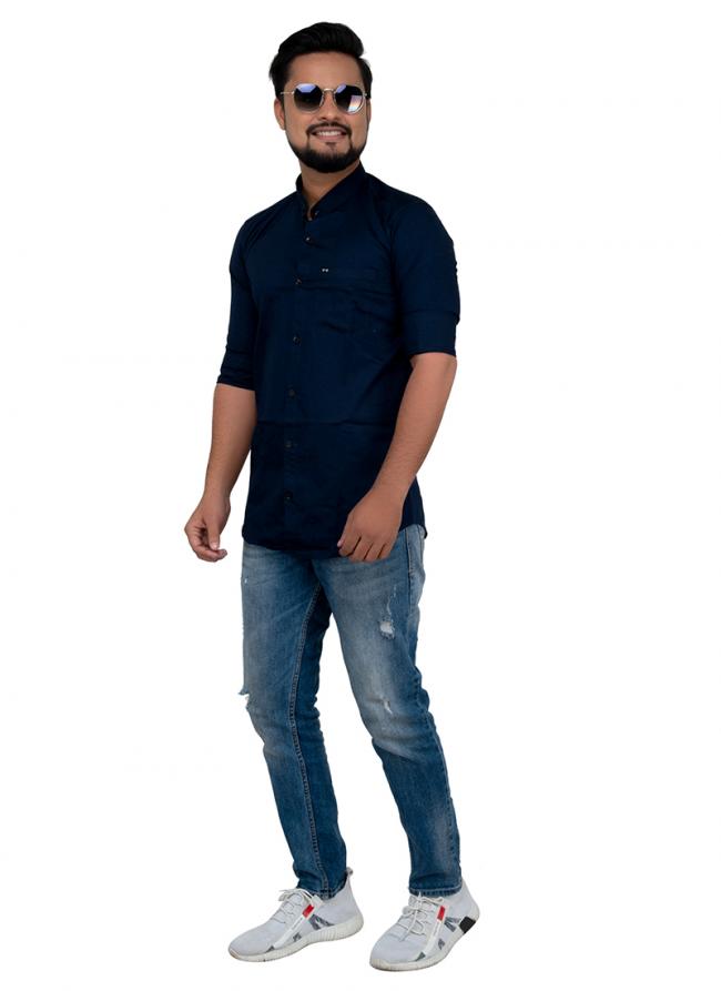 Navy Blue Cotton Casual Wear Plain Shirt