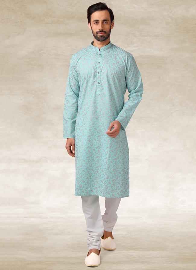 Green Cotton Traditional Wear Printed Work Kurta Pajama