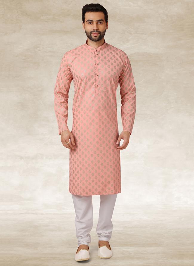 Peach Cotton Traditional Wear Printed Work Kurta Pajama