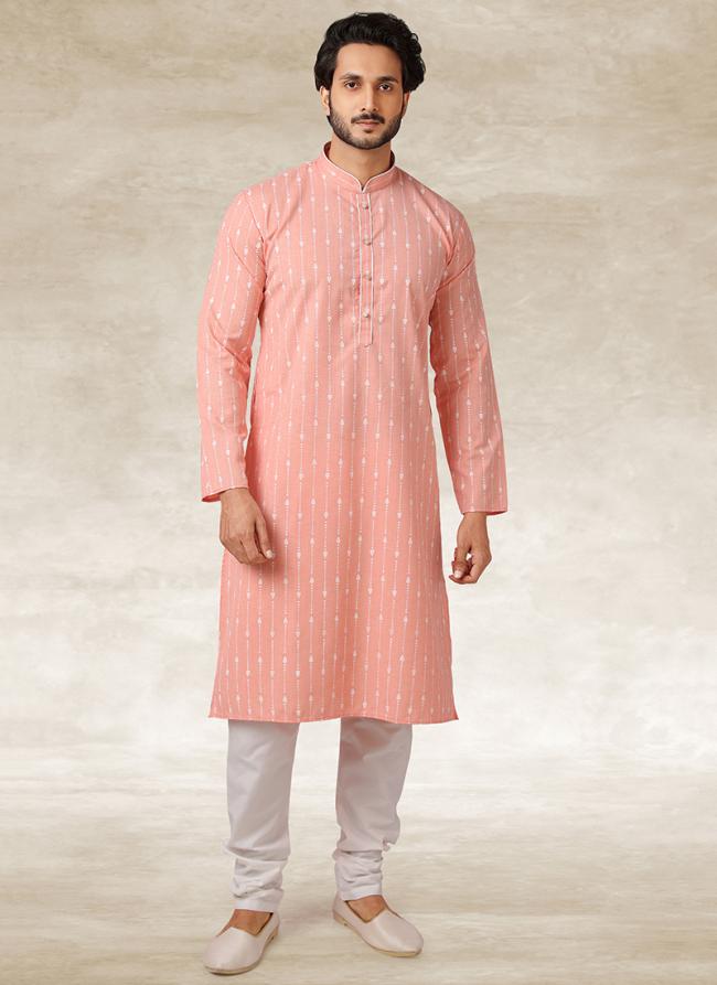 Pink Cotton Traditional Wear Printed Work Kurta Pajama