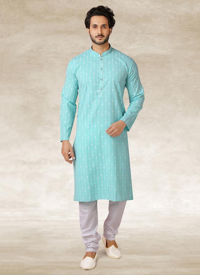 Sea green Cotton Traditional Wear Printed Work Kurta Pajama