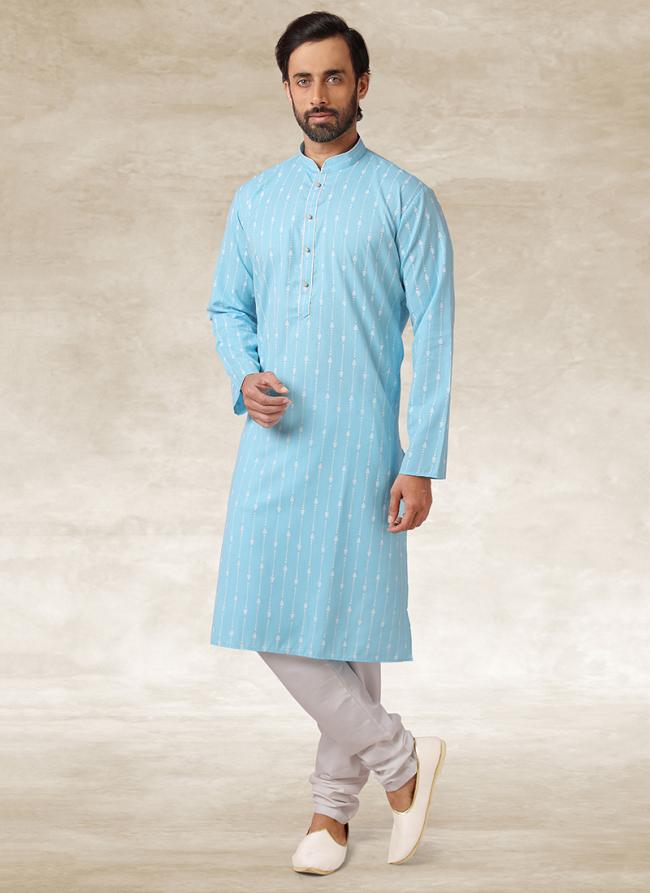 Sky blue Cotton Traditional Wear Printed Work Kurta Pajama