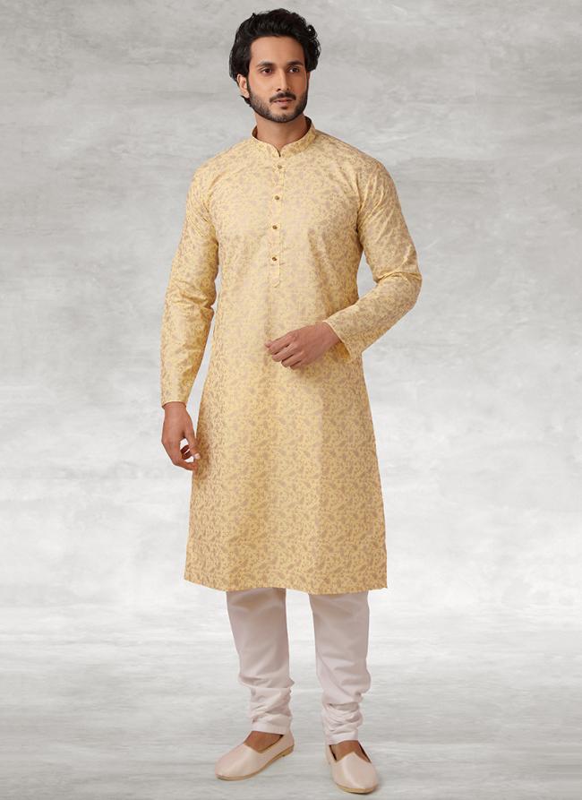 Yellow Cotton Traditional Wear Printed Work Kurta Pajama