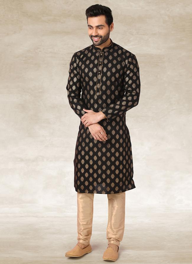 Black Cotton Traditional Wear Printed Work Kurta Pajama