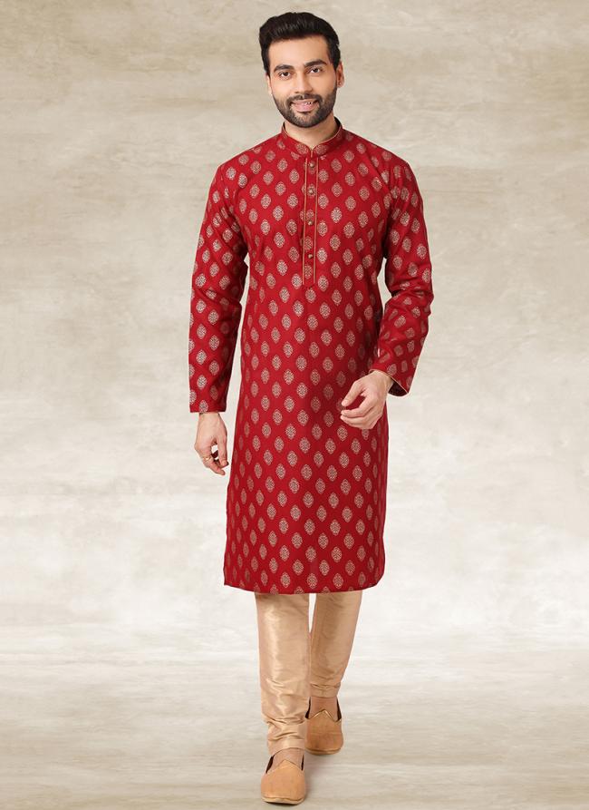 Maroon Cotton Traditional Wear Printed Work Kurta Pajama