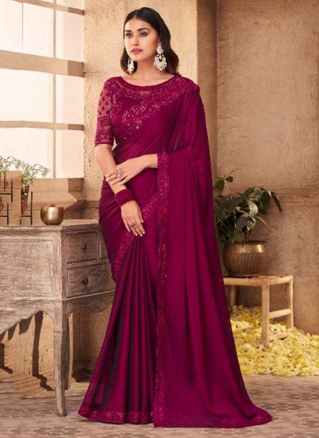 Violet Silk Party Wear Embroidery Work Saree