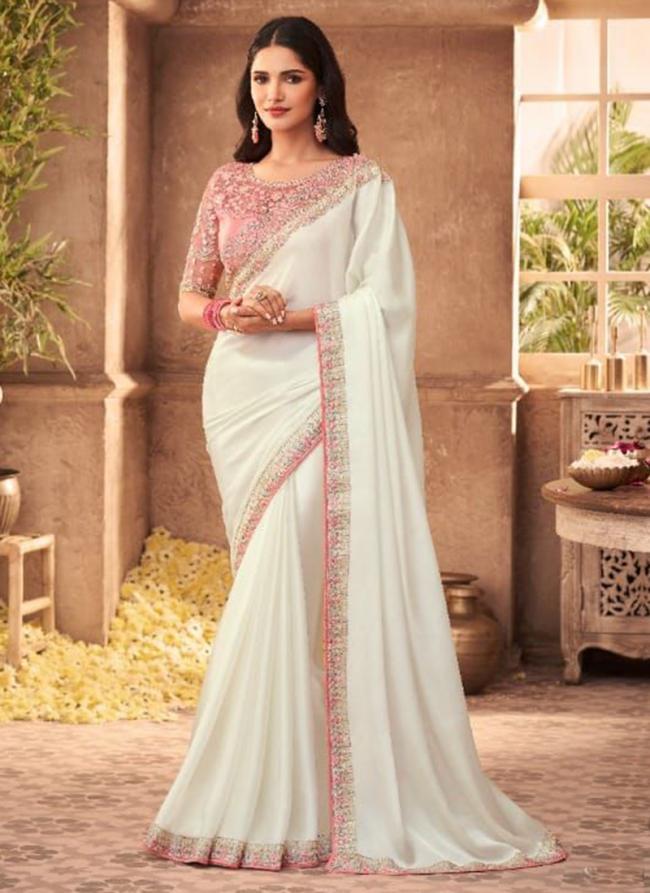 White Silk Party Wear Embroidery Work Saree