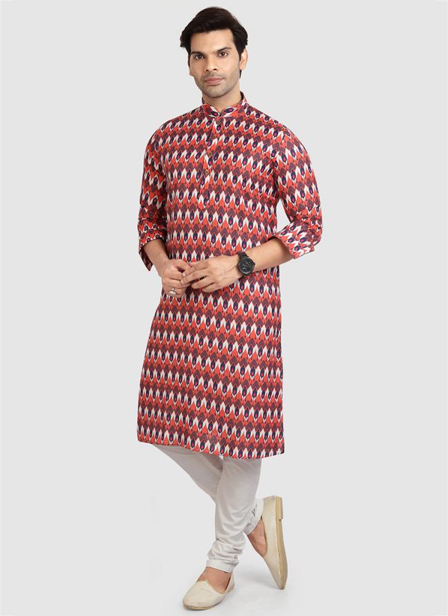 Orange Cotton Festival Wear Printed Work Kurta Pajama