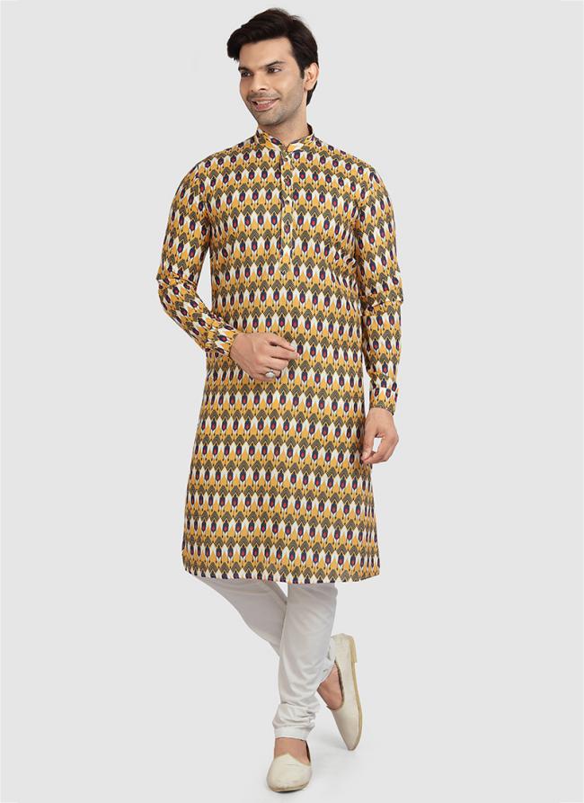 Yellow Cotton Festival Wear Printed Work Kurta Pajama