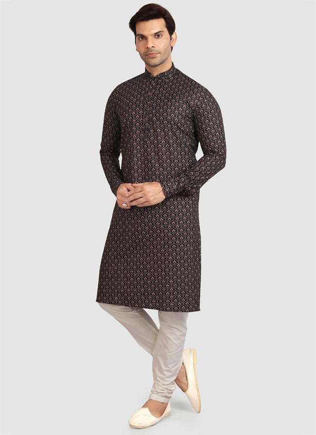 Black Cotton Festival Wear Printed Work Kurta Pajama