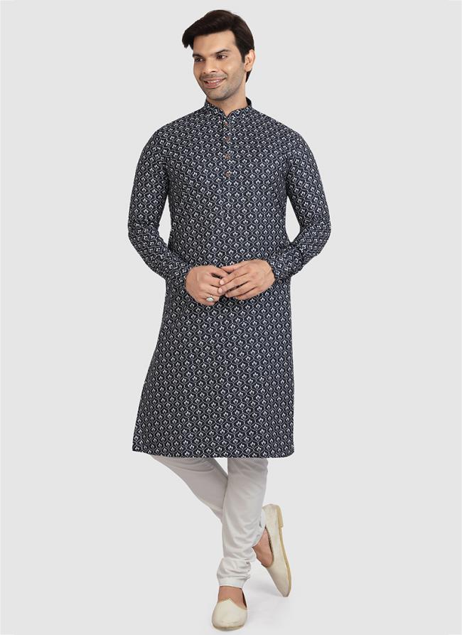 Navy blue Cotton Festival Wear Printed Work Kurta Pajama