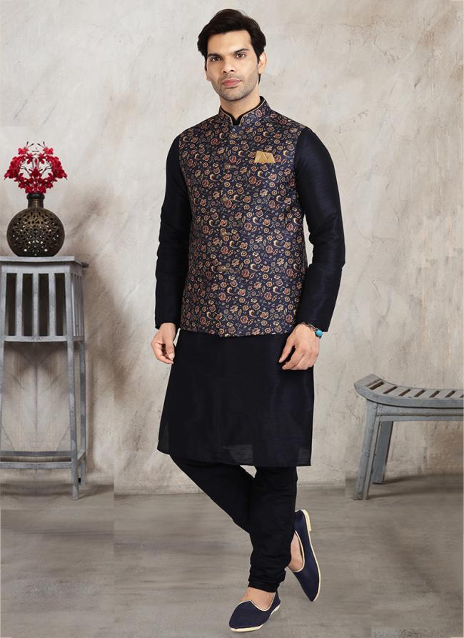 Blue Art Silk Traditional Wear Printed Work Kurta Pajama With Jacket