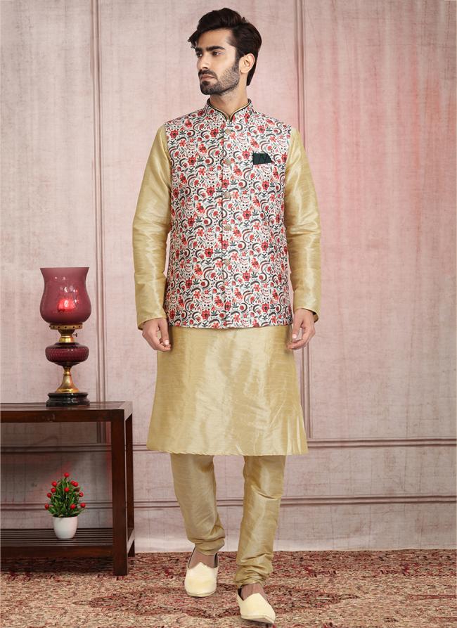 Cream Art Silk Traditional Wear Printed Work Kurta Pajama With Jacket