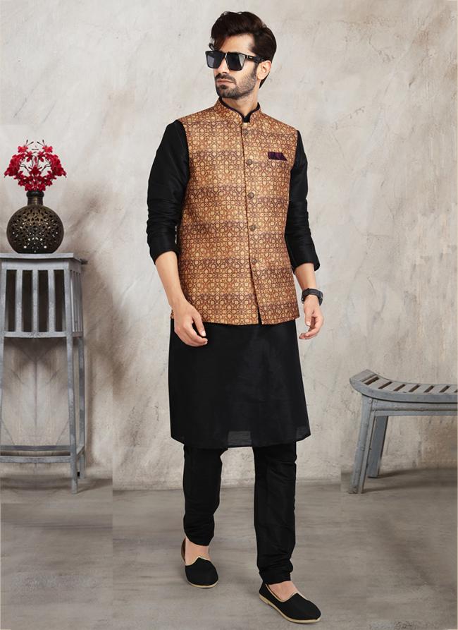 Brown Art Silk Traditional Wear Printed Work Kurta Pajama With Jacket