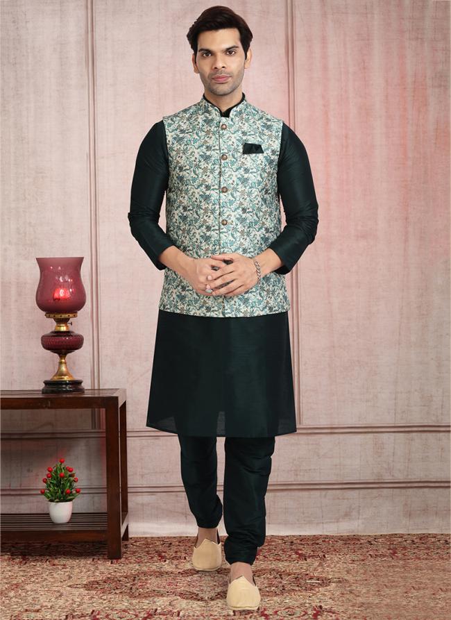 Light Green Art Silk Traditional Wear Printed Work Kurta Pajama With Jacket