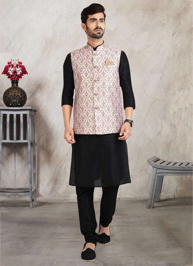 Light Pink Art Silk Traditional Wear Printed Work Kurta Pajama With Jacket