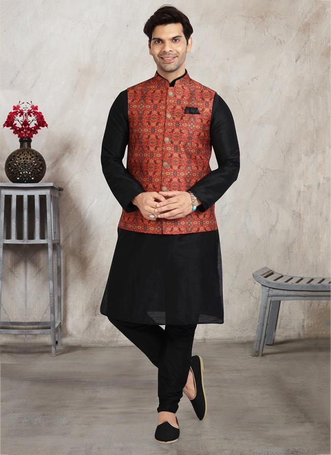 Red Art Silk Traditional Wear Printed Work Kurta Pajama With Jacket