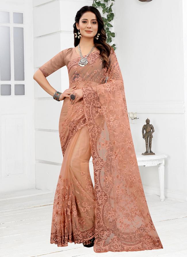 Peach Net Wedding Wear Zari Work Saree